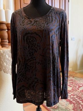 Allen Allen Dark Grey Navy Animal Print Blouse Tunic Top Scoop Neck Size M